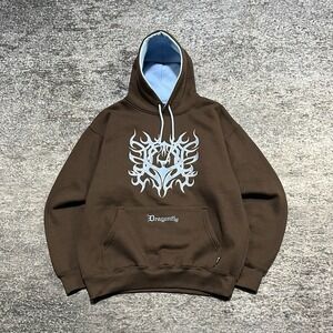 Vintage Y2K Dragonfly Hoodie Sweatshirt Medium Brown Blue Tribal Embroidered